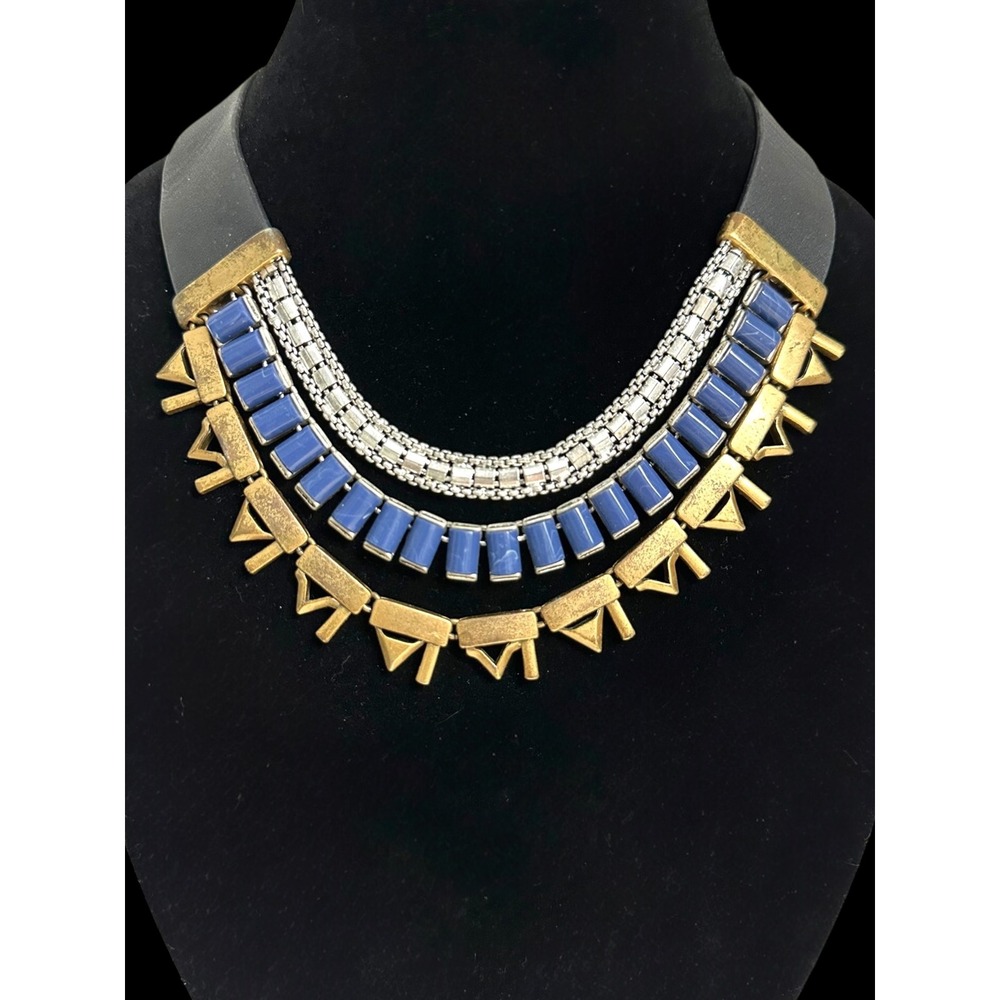 Stella & Dot Bib Necklace Womens OS Blue Gold Excellent Leather Geometric Spike‎